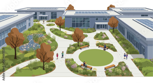 Architectural illustration of an eco-friendly, modern educational campus