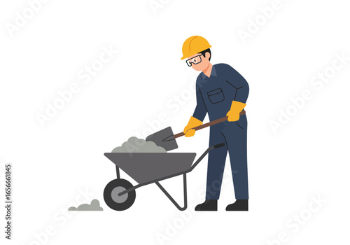 Worker in hard hat shovels concrete into wheelbarrow
