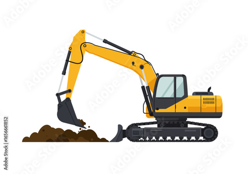 Yellow excavator digs into brown dirt pile on a white background