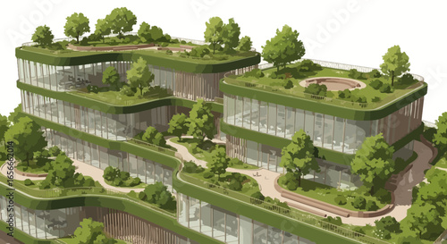 Architectural visualization of a green building with vegetation roofs and pathways