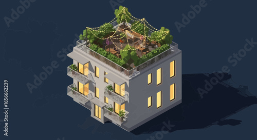 Charming apartment building with rooftop garden party, celebrating togetherness