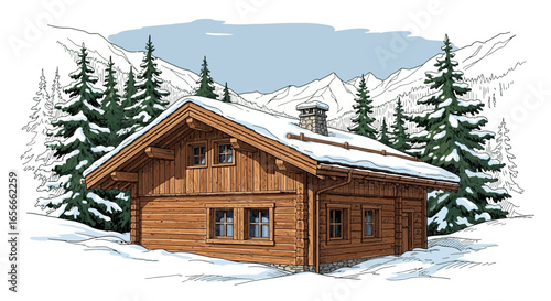 Charming alpine cabin nestled amidst snowy peaks and verdant pine forest