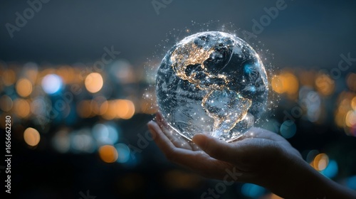 Glowing digital Earth held in hand against a blurred cityscape backdrop