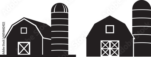 Two barns and silos silhouette