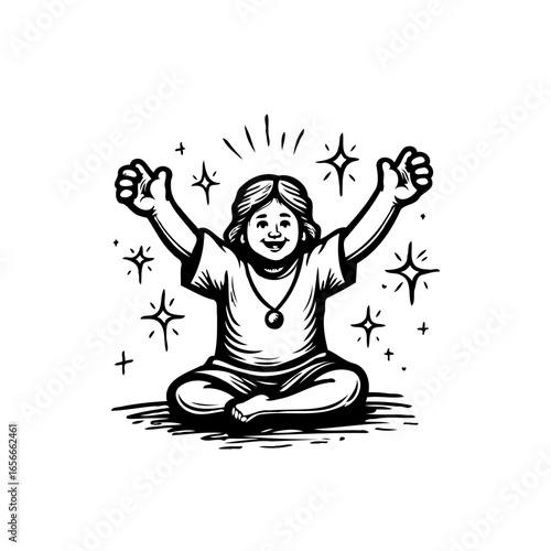 Smiling little girl in lotus position giving thumbs up with sparkling stars around her, a cute illustration