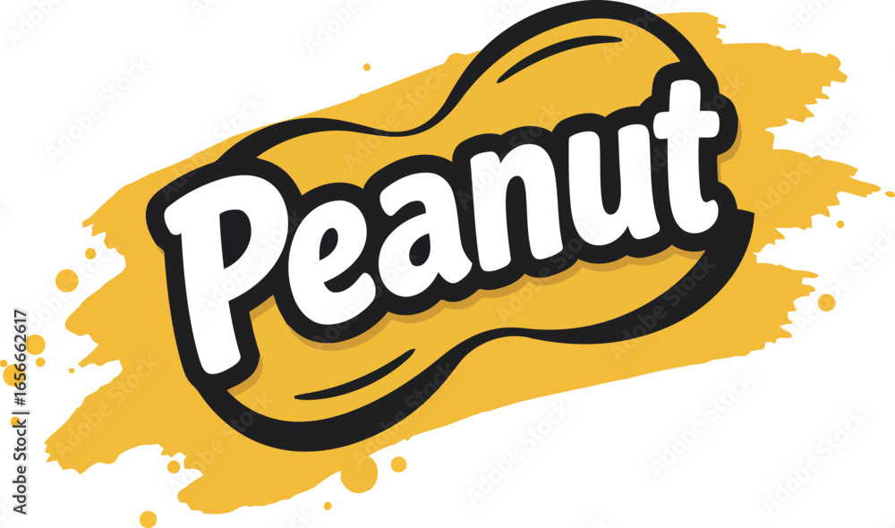 Bold and energetic text art featuring the word peanut inside a stylized peanut shape with a vibrant yellow paint splash background