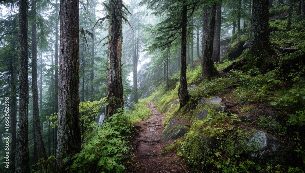 Fototapeta premium Misty forest path through tall trees
