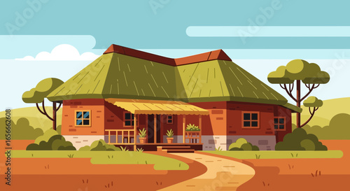 Charming rural house illustration with thatched roof and inviting pathway