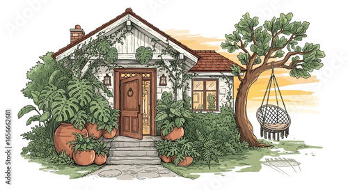 Charming sunlit cottage overgrown with lush vegetation, evoking tranquility