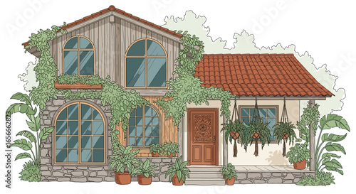 Charming vintage house facade illustration adorned with climbing plants