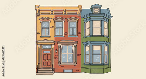 Colorful row houses, line art drawing of classic architecture style