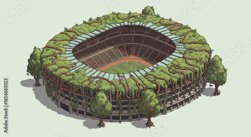 Conceptual illustration of a sports stadium overtaken by vibrant foliage