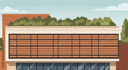 Contemporary building design with greenery, horizontal shades and sky