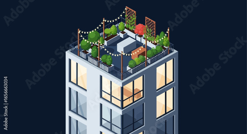 Contemporary apartment building with a rooftop garden oasis and nighttime illumination