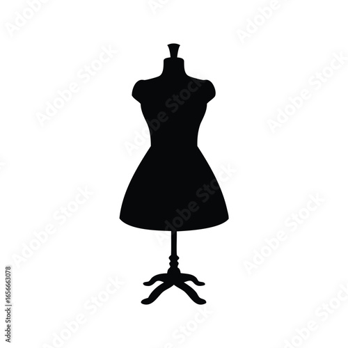Black silhouette of a dress form on a white background with base, woman's dress stand silhouette vector illustration