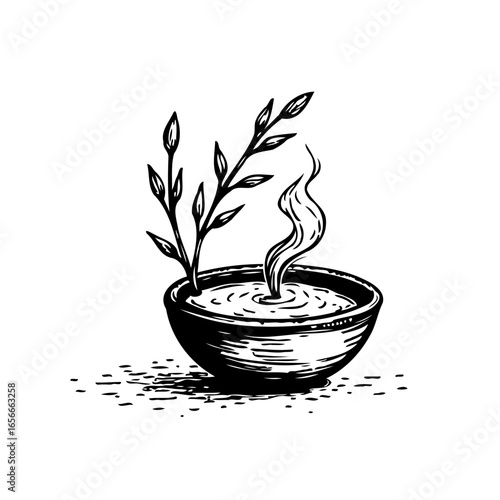 Hand drawn herbal soup bowl with steam aromatic broth and plant illustration perfect for wellness concepts
