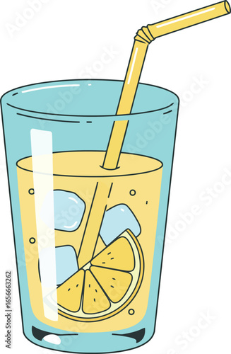 Refreshing glass of yellow citrus juice with a slice of lemon and a straw perfect for summer drinks and healthy beverages