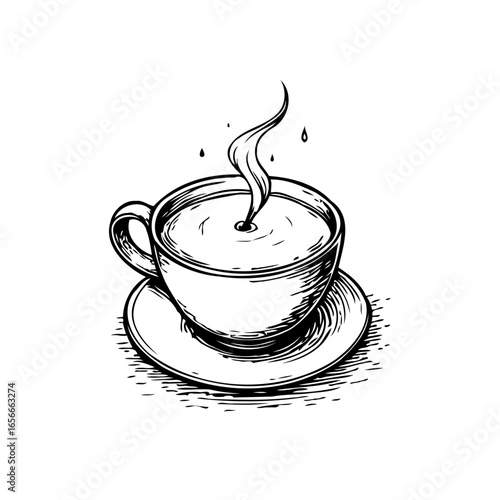 Elegant hand drawn steaming coffee cup illustration showcases artistic line work and details for beverage advertising