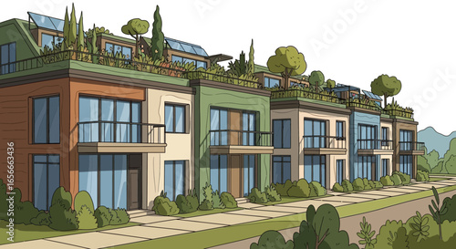 Eco-friendly Residential Townhouses with Roof Gardens and Solar Panels Cartoon Style