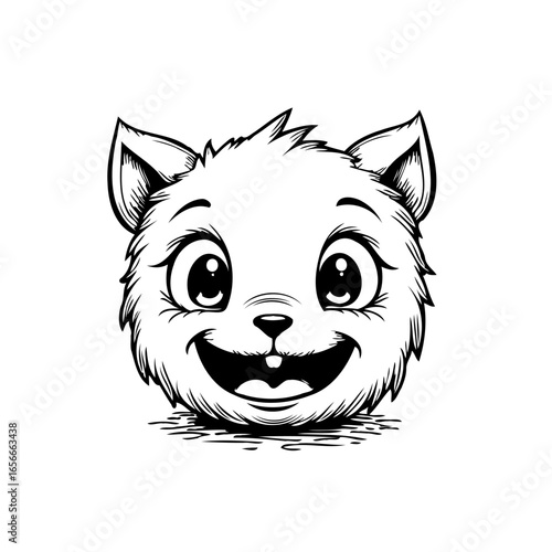 Cheerful kitten face illustration in black and white showcasing cute expressive eyes and a happy smile for kid