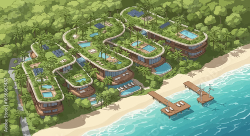 Eco-Friendly Tropical Resort with Green Roofs and Sustainable Energy Elements