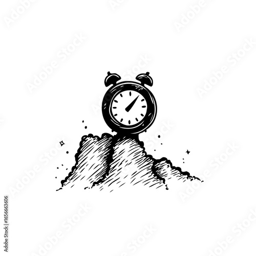 Retro alarm clock atop a hill, symbolizes a crucial moment, time, or deadline looming ahead