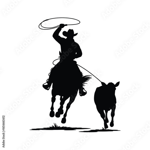 Silhouette of a cowboy on horseback roping a calf