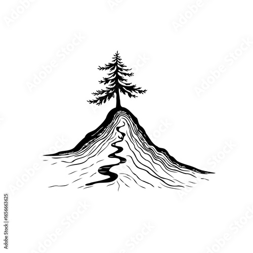 Minimalist artwork showcasing a solitary pine tree atop a hill, symbolizing nature's resilience and tranquil landscape