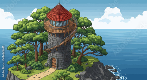Enchanting stone tower with red roof nestled among lush trees by the sea