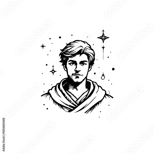A captivating illustration featuring a handsome man surrounded by twinkling stars adding a touch of celestial charm