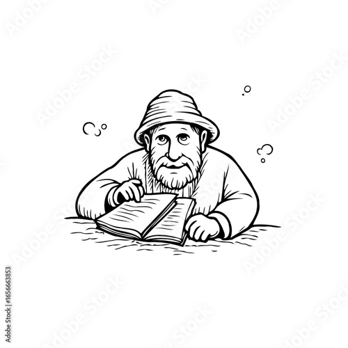 Captivating vintage illustration an elderly gentleman thoughtfully immersed reading storybook novel captivating illustration of elderly man