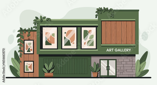 Green art gallery facade with geometrical art displayed at the front