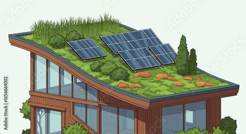 Illustration of a modern eco-friendly house with solar panels and green roof