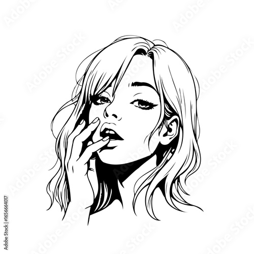 Glamorous monochrome illustration of a young woman with hand near face creating an enchanting portrait showing beauty