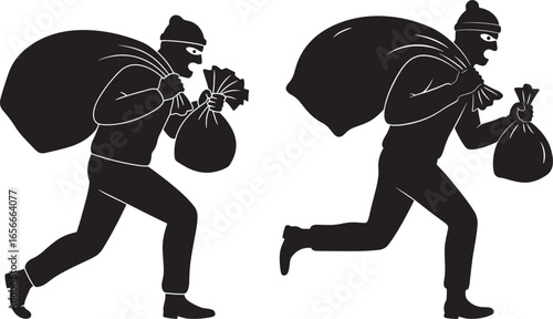Two burglars carrying large sacks silhouette