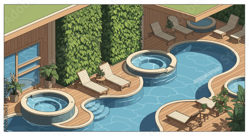 Illustration showcasing a luxurious spa retreat with pools, lush greenery and deckchairs
