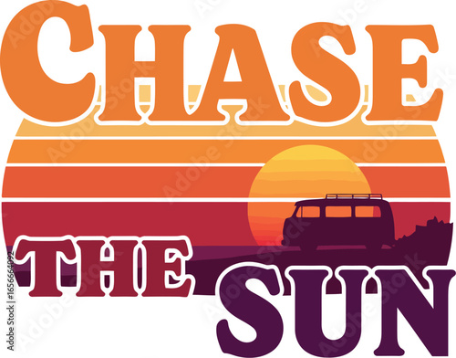 Chase the sun retro graphic with a vintage suv driving towards a vibrant sunset over a mountainous landscape