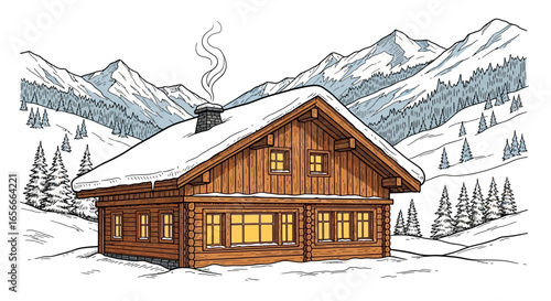 Inviting winter cabin scene amidst snow-covered mountains landscape artwork