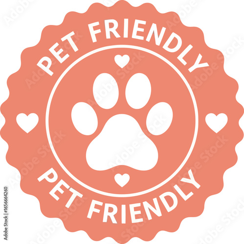 Circular orange pet friendly emblem with paw print and hearts signifying a welcoming environment for animals