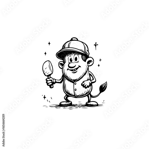 Cartoon character with a cap is holding a spatula and standing on the ground with tail
