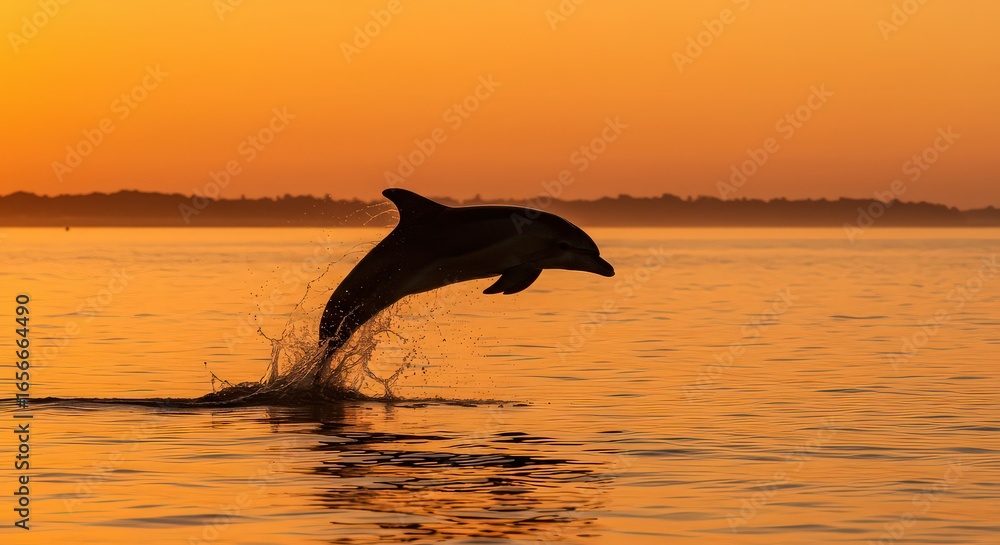 Fototapeta premium A dolphin leaps from the water at sunset creating a splash with a warm orange sky in the background