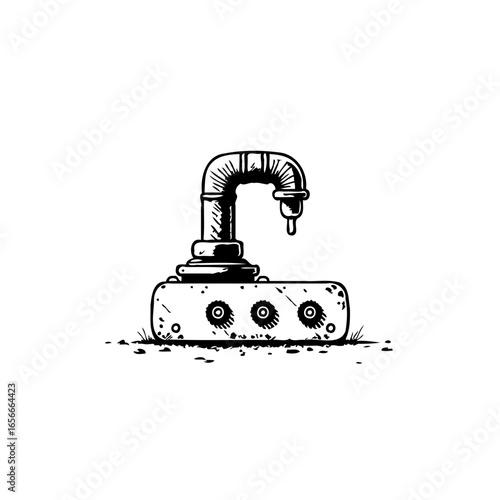 Conceptual mechanical artwork showcasing abstract machine with plumbing components and industrial design in minimalistic style drawing