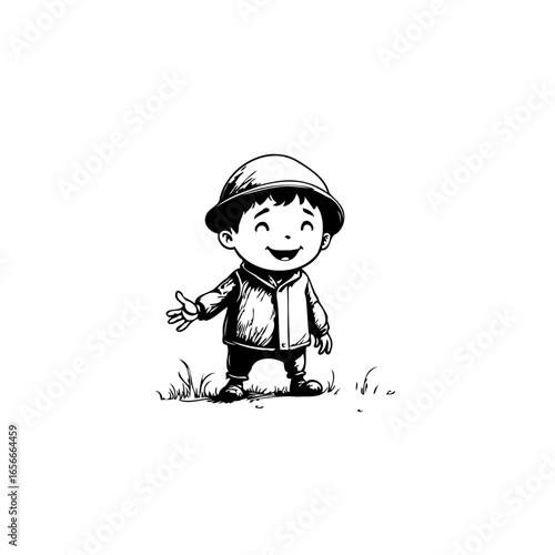 Cheerful toddler in charming black and white illustration, exuding joy while inviting interaction, capturing the innocence