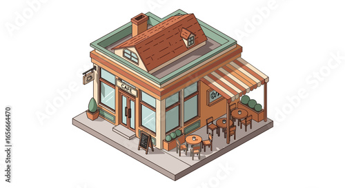 Isometric cafe illustration showcasing outdoor seating and detailed building