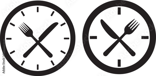 Two clocks showing meal times with fork and knife silhouette
