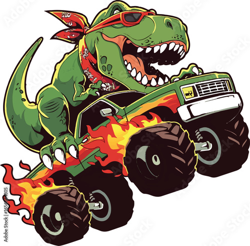 Dino Driver: A vibrant illustration of a cool dinosaur gripping the steering wheel of a monster truck blazing across an abstract background, full of energetic lines and dynamic form.