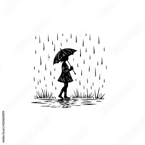 A solitary walk in the rain: girl with umbrella enjoying peaceful moment during rainfall artwork simple drawing