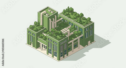 Isometric Green Building with Rooftop Gardens, Sustainable Architecture Concept