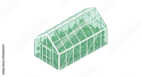 Isometric Greenhouse Illustration Filled with Green Plants and Leaves