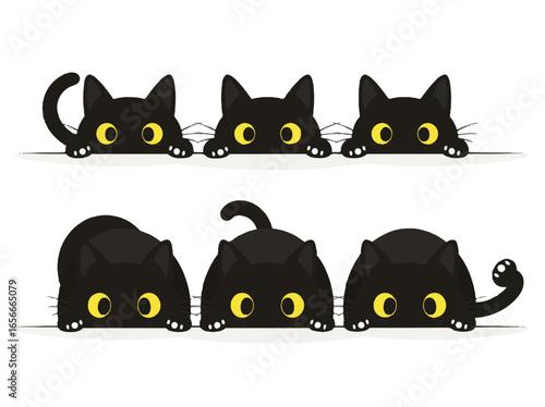 Whimsical Black Cat Trio: An endearing collection of playful black cats with big, bright eyes peek over the edge, creating a sense of curiosity and charm, a delightful illustration. 